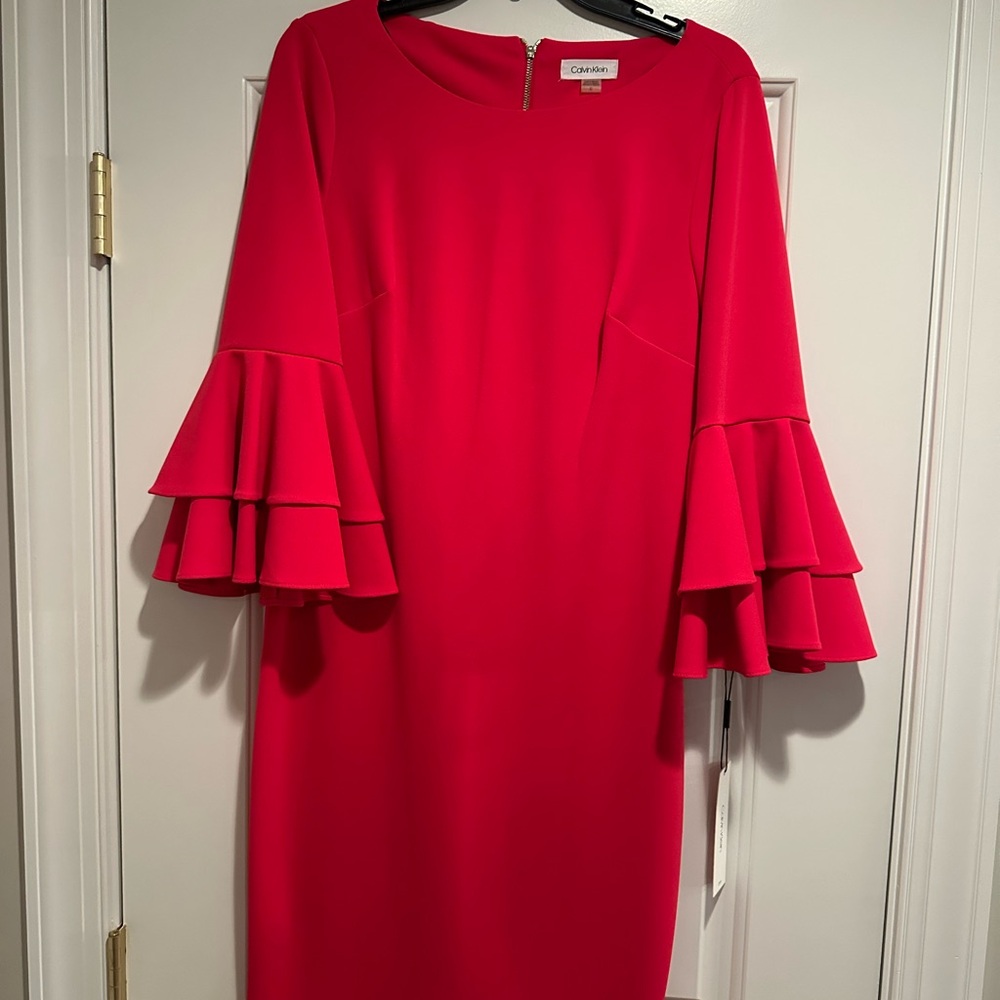 Calvin Klein Women's Hot Pink Ruffle Sleeve Dress